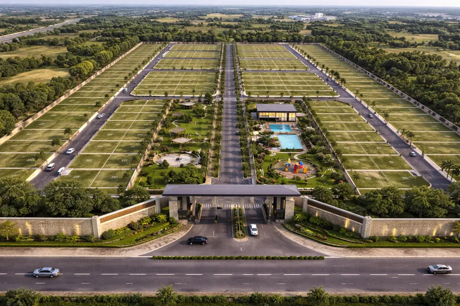 Top view of R2R Kharkhoda township showing plots, roads, clubhouse and park area